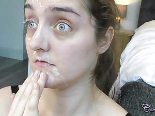 Big-eyed amateur girl gets her first huge facial